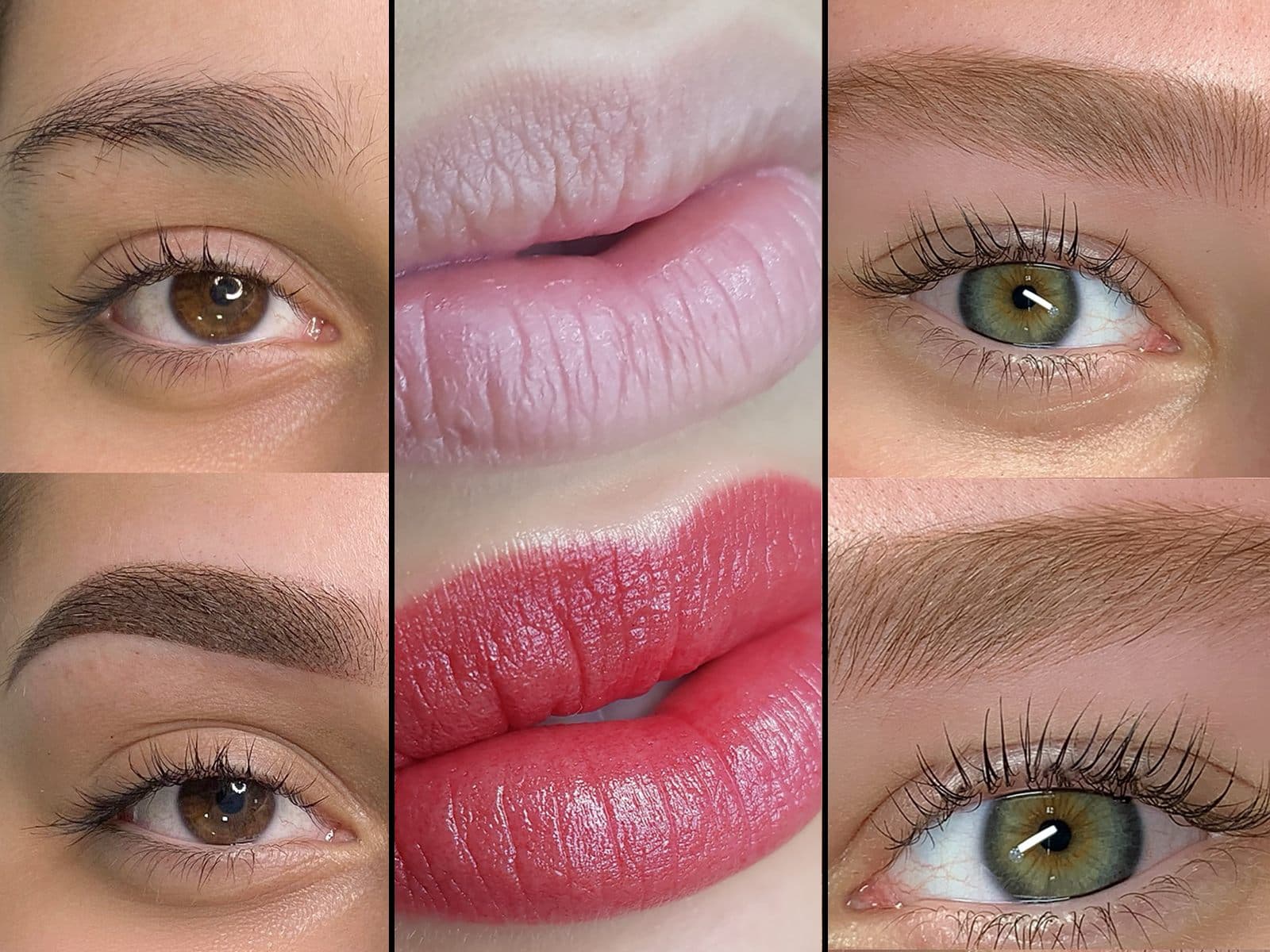 Três pares de antes e depois: sobrancelha sombreada, micropigmentação labial e sobrancelha natural