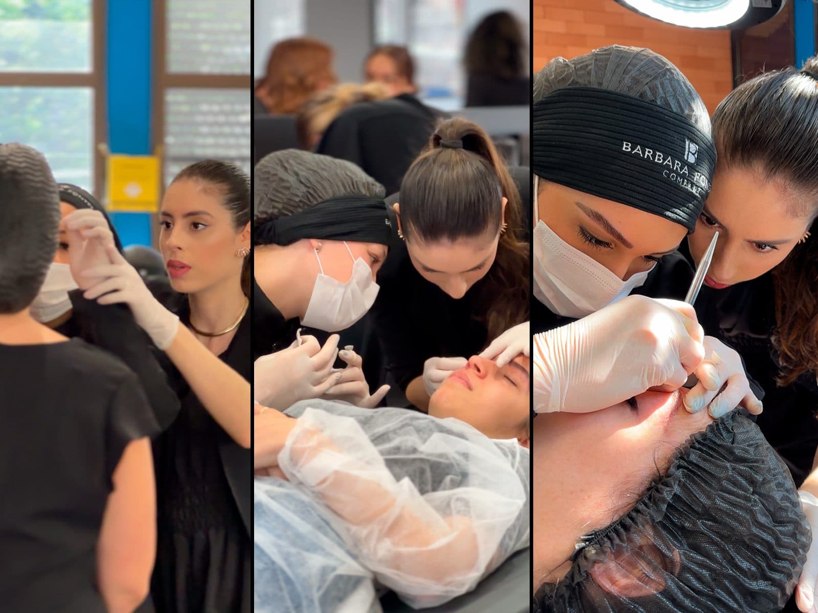 Bárbara Pontes ensinando no curso presencial: orientando a aluna, prática em modelo real e detalhe da técnica